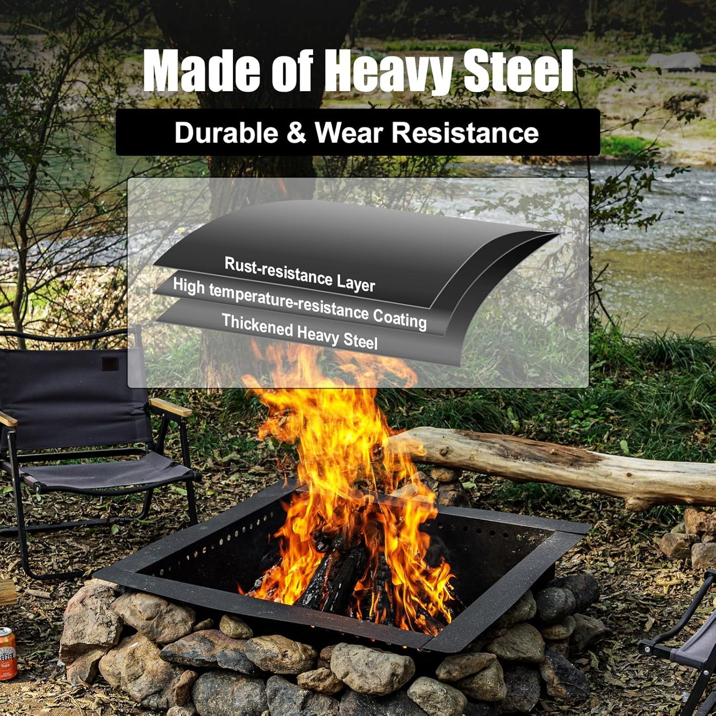 36 inch Square Fire Pit Ring, Heavy Duty Firepit Ring, DIY Campfire Insert Above or In-Ground, for Outdoor, Camping, and Bonfires