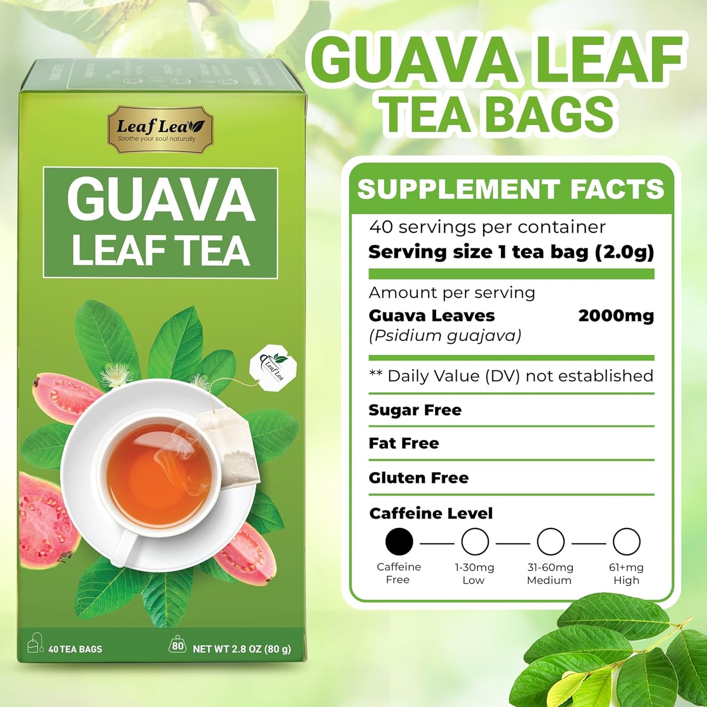 LeafLea Guava Leaf Tea, 80 Fresh-Sealed Tea Bags, Herbal Tea Made from Natural Guava Leaves (Hojas de Guayaba), Digestive Support & Immune Balance, Caffeine-Free, Sugar-Free, Pack of 2