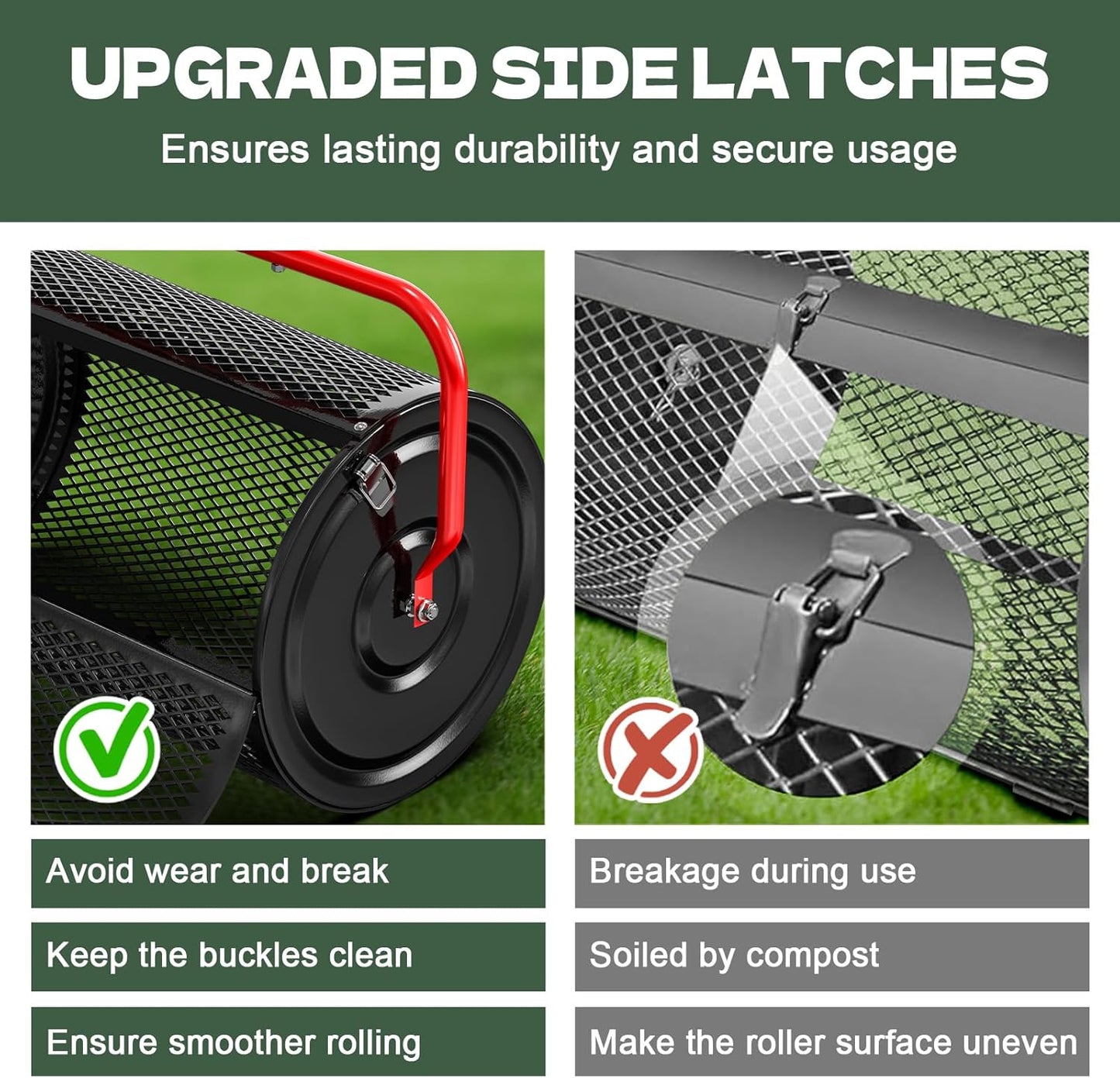 Compost Peat Moss Spreader for Lawn, 36 Inch Compost Roller Spreader with Adjustable T-Shaped Handle, Upgraded Side Clasps, Durable Lightweight Metal Roller, Lawn Garden Yard Care