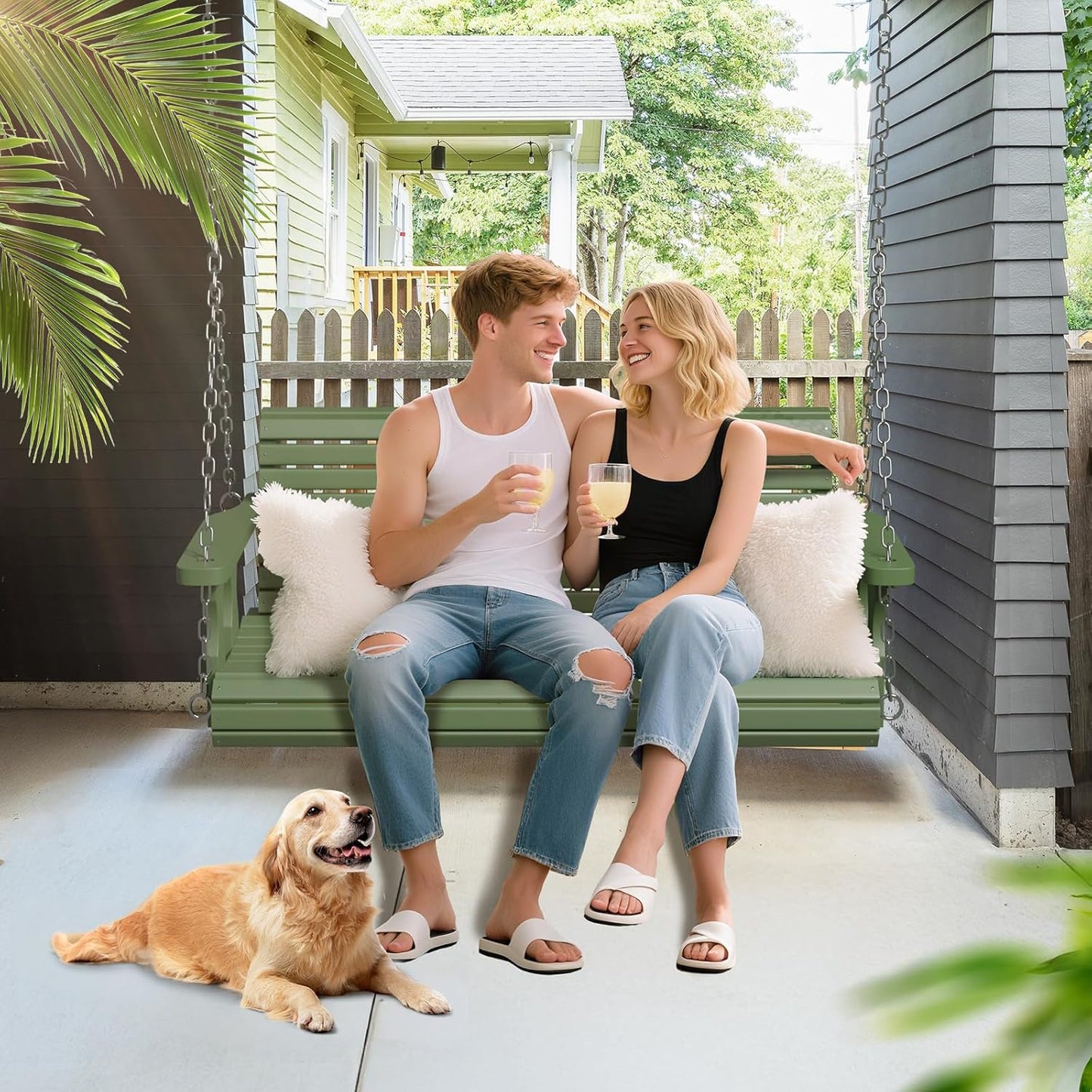 VINGLI Upgraded Patio Wooden Porch Swing for Courtyard & Garden, Heavy Duty 880 LBS Swing Chair Bench with Hanging Chains for Outdoors (Green, 4 FT)