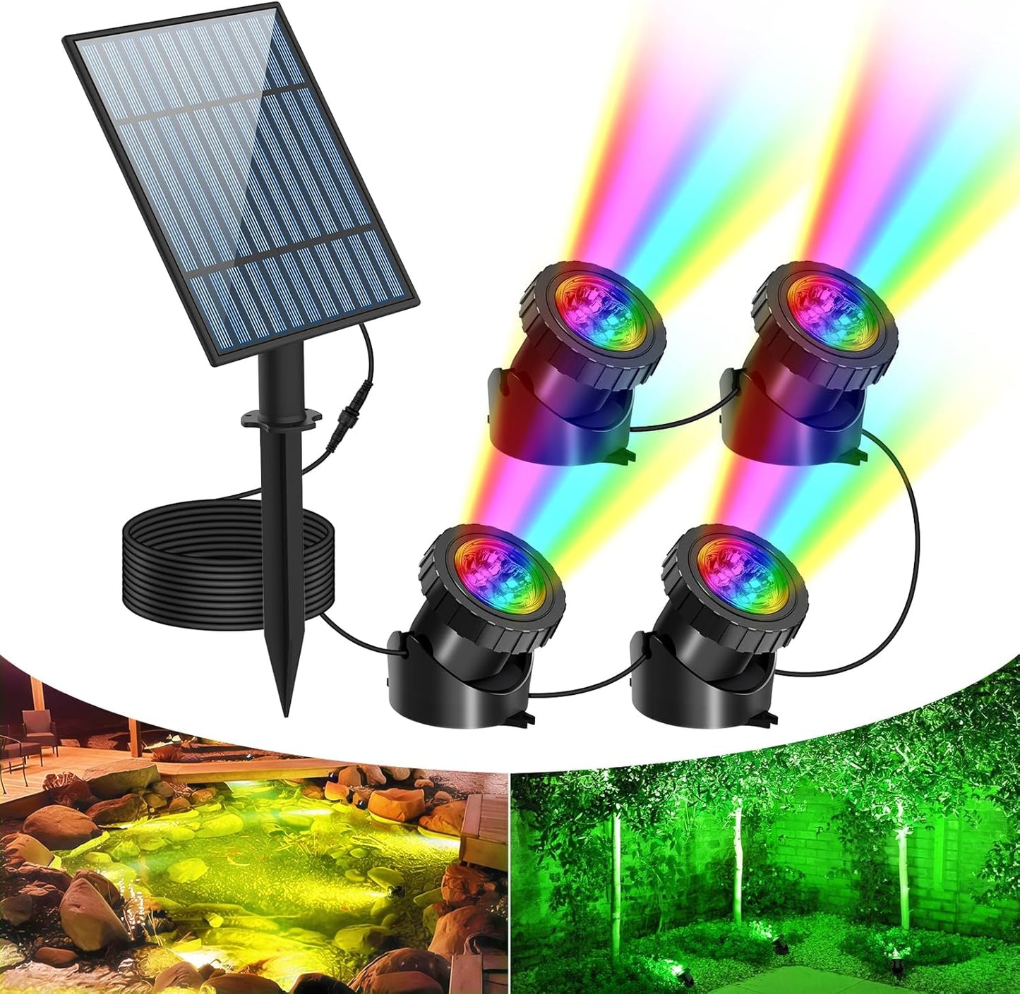 T-SUN Solar Pond Lights, 4-in-1 RGB Underwater Pond Light, Color Changing Submersible Fountain Lights, Solar Fish Tank Light Adjustable Lighting Angle for Garden Fountain, Pond, Pool Decoration