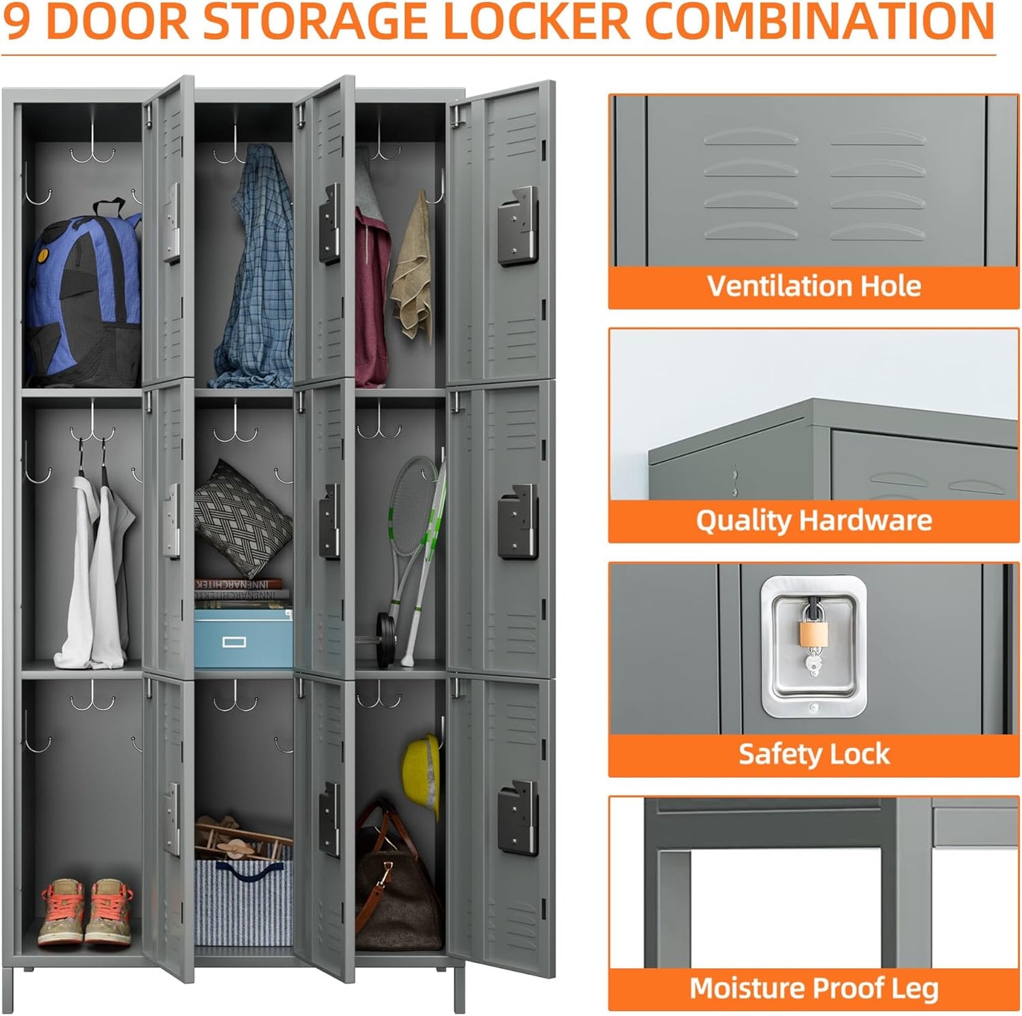 9 Doors Metal Lockers for Employees with 27 Hooks for Offices School Gyms Home,Assembly Required, Light Gray