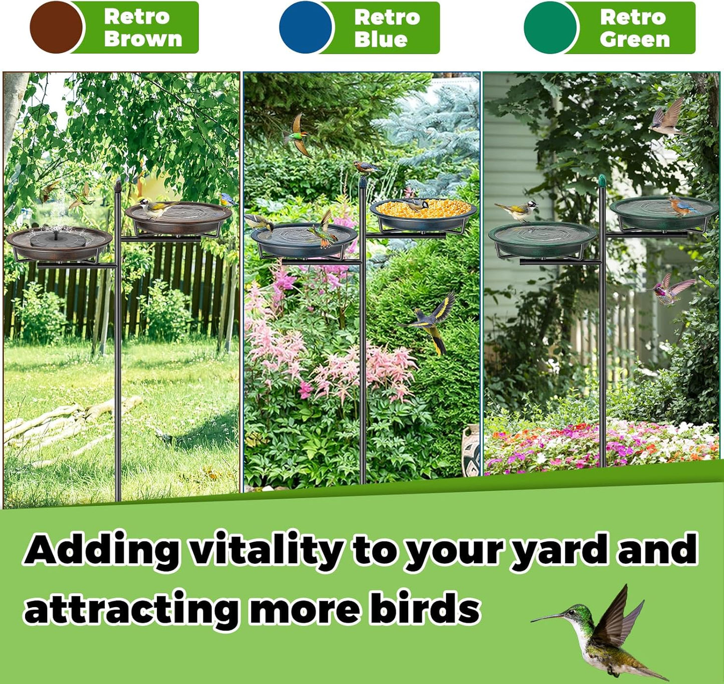 Metal Bird Bath for Outside, Vintage Freestanding Birdbaths Feeder Bowl, Stable & Easy to Clean Birdfeeder for Outdoors Garden Yard Lawn Decor (Retro Green)