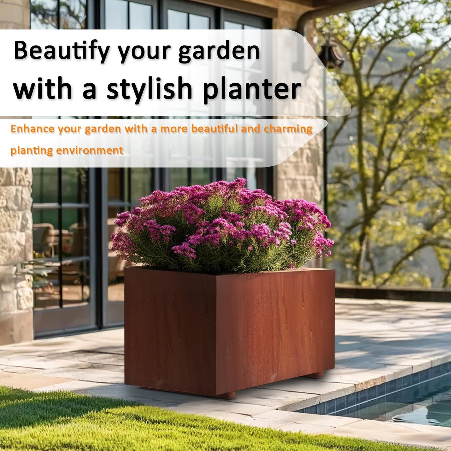 Corten Steel Planter w/Rust Patina Finish, Perfect for patios, terraces, and Commercial or Residential Settings, Cube Planter, 40in x 20in x 20in Outdoor Box beautifies Flowers, Trees, shrubs