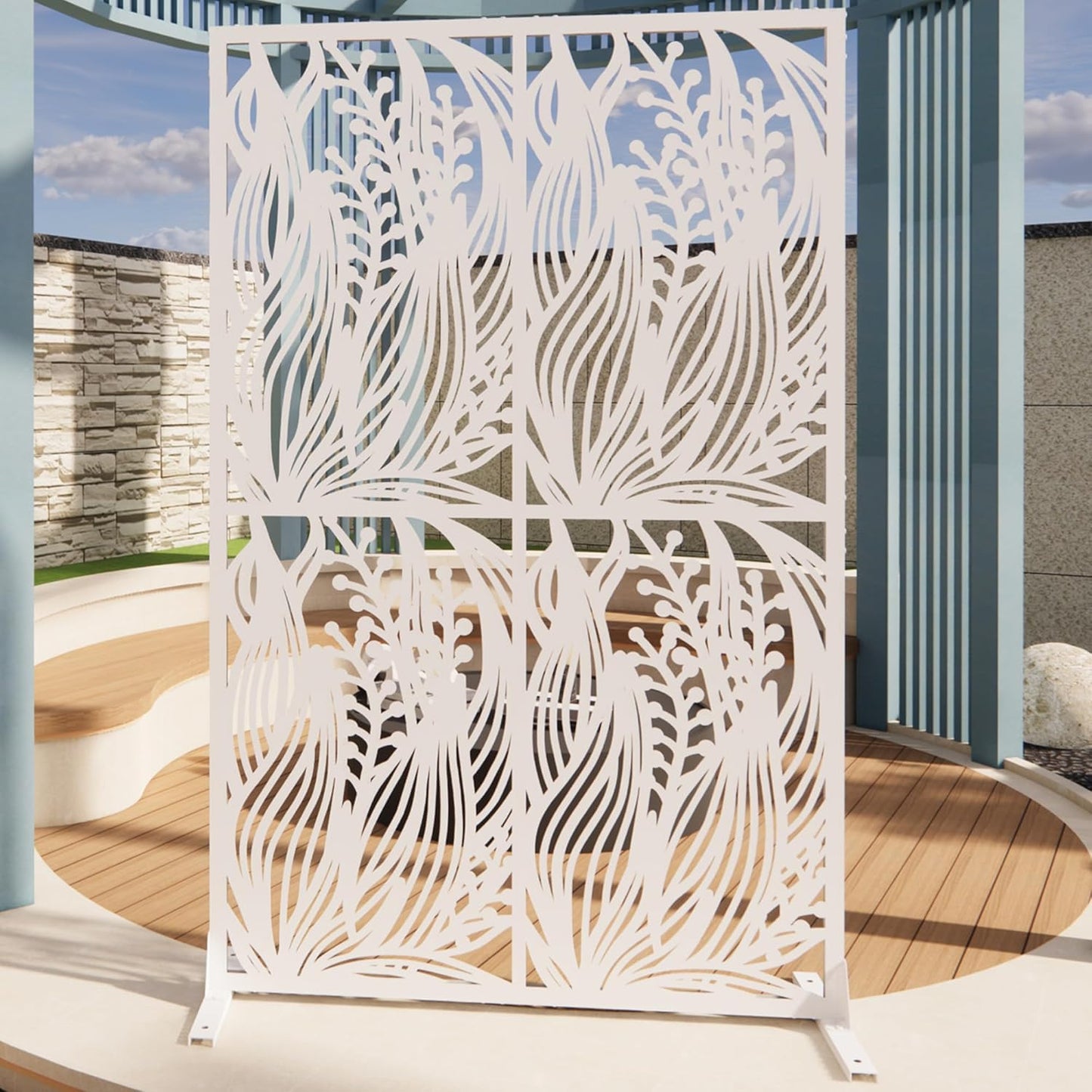 Metal Privacy Screens 72" H Outdoor Privacy Screens Panels Outdoor and Indoor Leaf Pattern Divider with Freestanding Decorative for Balcony Patio Garden Room Divider, White