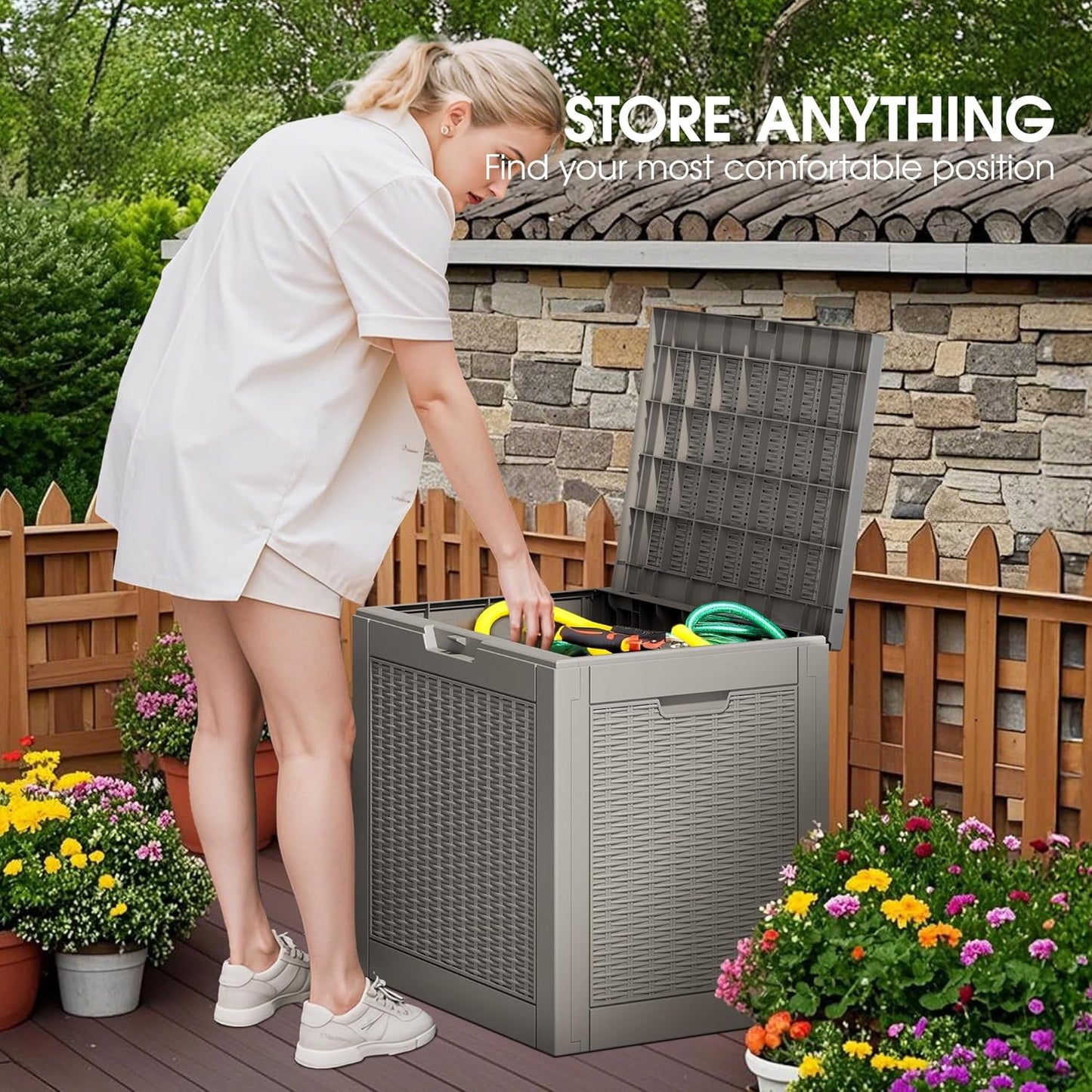 NUNU LAB Outdoor Storage Box, 33 Gallon Resin Deck Box Indoor and Outdoor Use, Waterproof Lockable Patio Storage Bin for Gardening Tools,Package Deliveries,Patio Cushions,UV Resistant,Grey