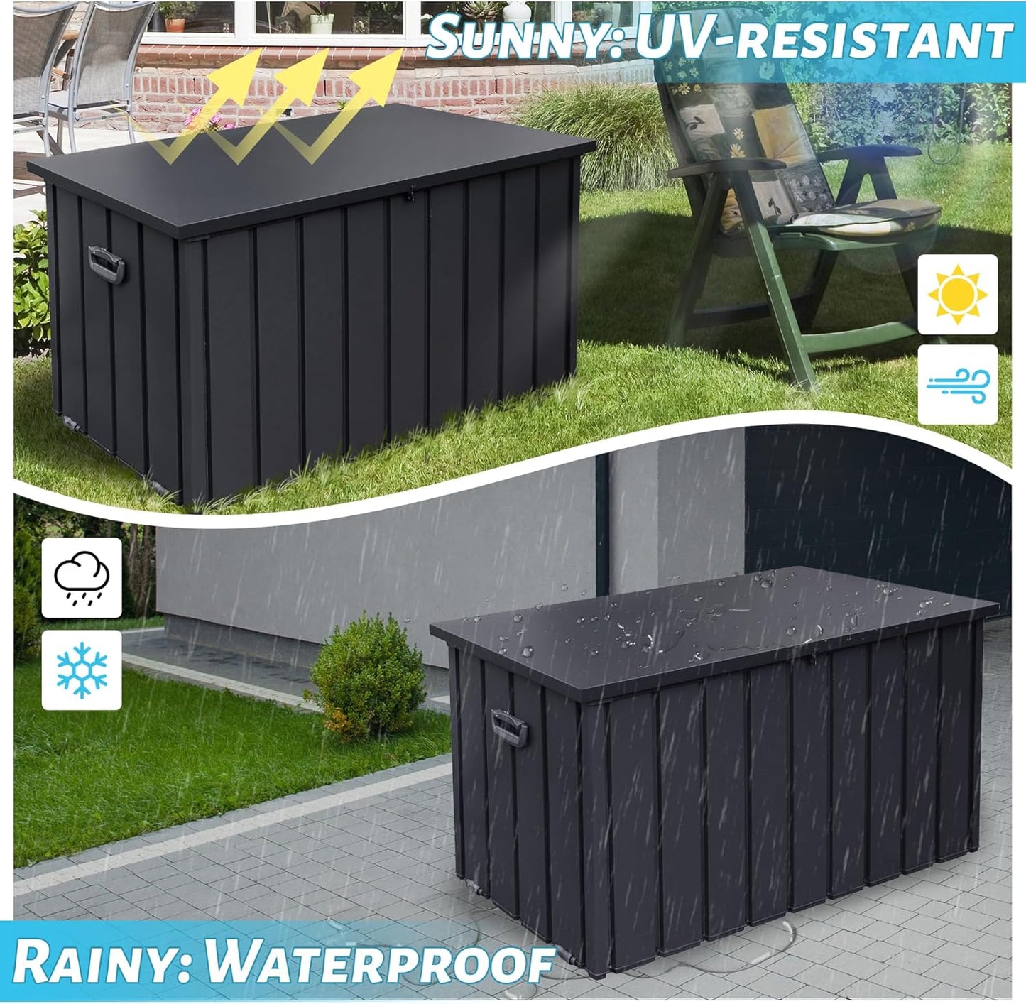 100 Gallon Metal Outdoor Storage Box, Waterproof Steel Deck Box, Large Patio Furniture Storage Cabinet, Lockable Storage Bench for Porch Package Delivery, Cushions, Pool, Tools- Dark Grey