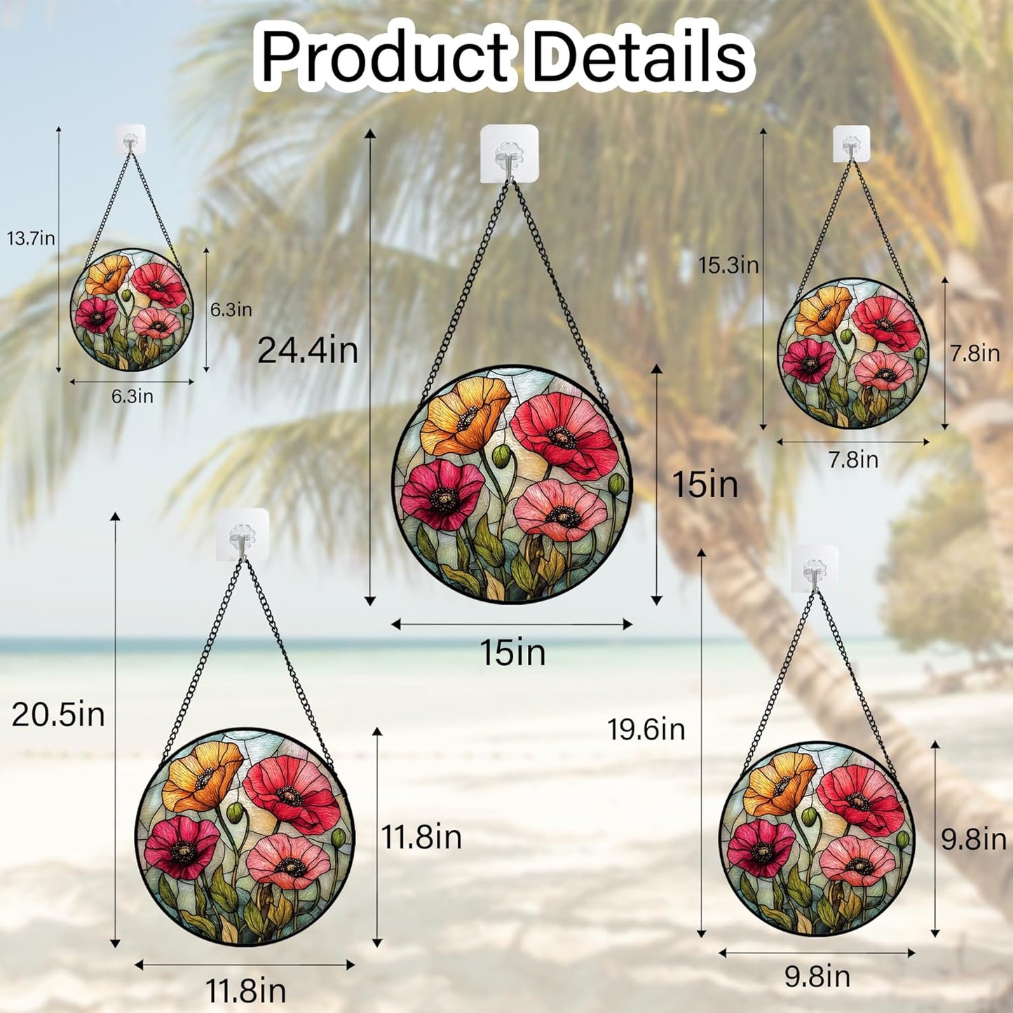 Stained Glass Suncatcher, Red Orange Poppy Flowers Sun Catcher Silver Background Wildflowers Window Hanging Decor Christmas Mother Birthday Gifts for Women Men Mom Nana 9.8 in