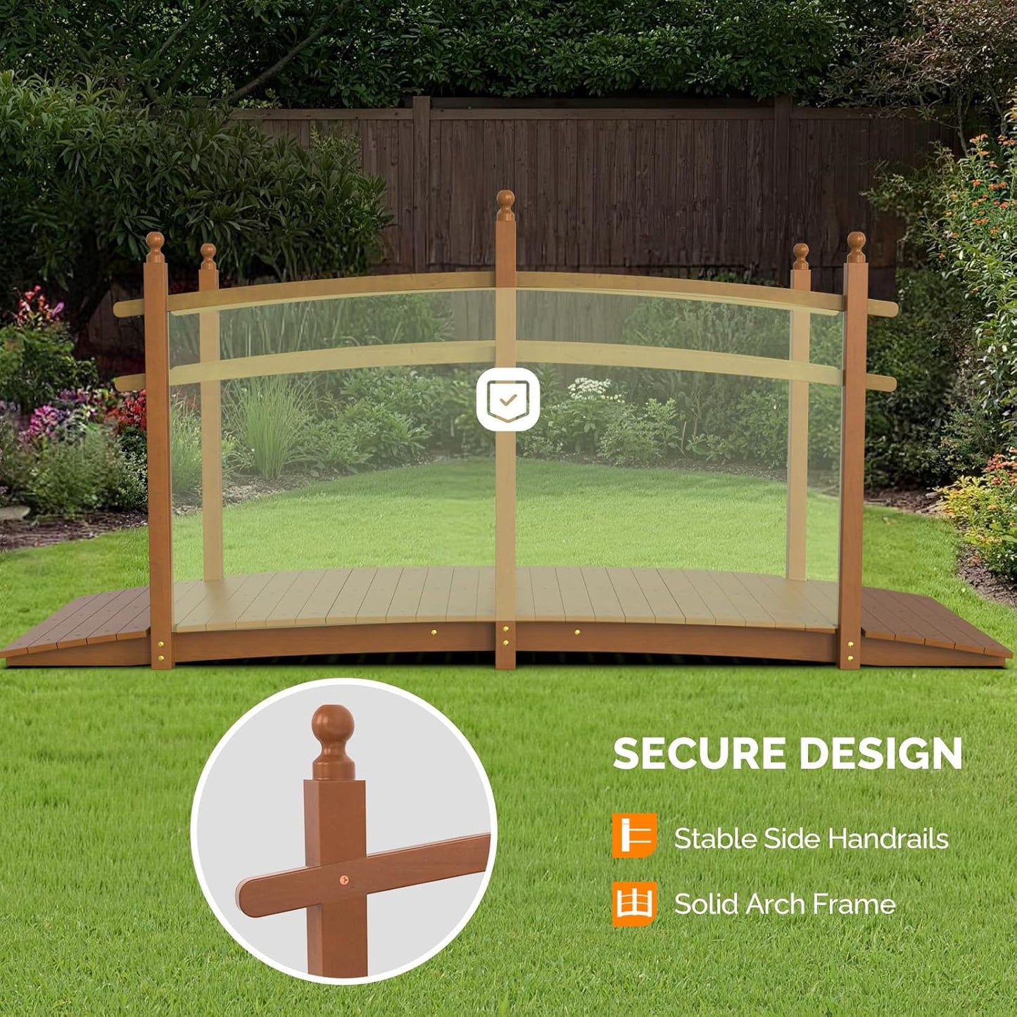 VINGLI Garden Bridge, Classic Wooden Arch with Safety Rails Footbridge (Brown, 7.5 ft)