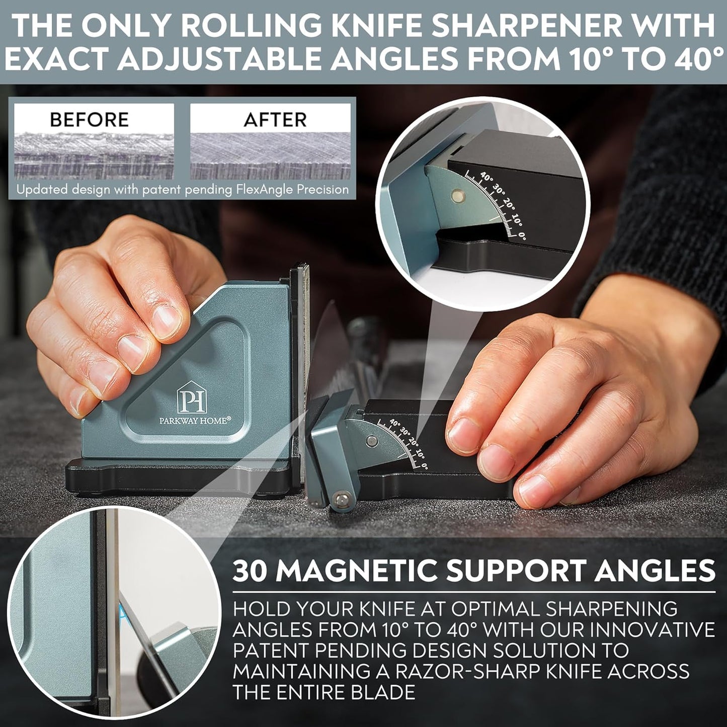 ORIGINAL ADJUSTABLE ROLLING KNIFE SHARPENER KIT: Adjustable Height, 30 Angle Options, 5 Removeable Whetstone Plates, Leather Strop with Travel Case - Kitchen Knife Sharpener