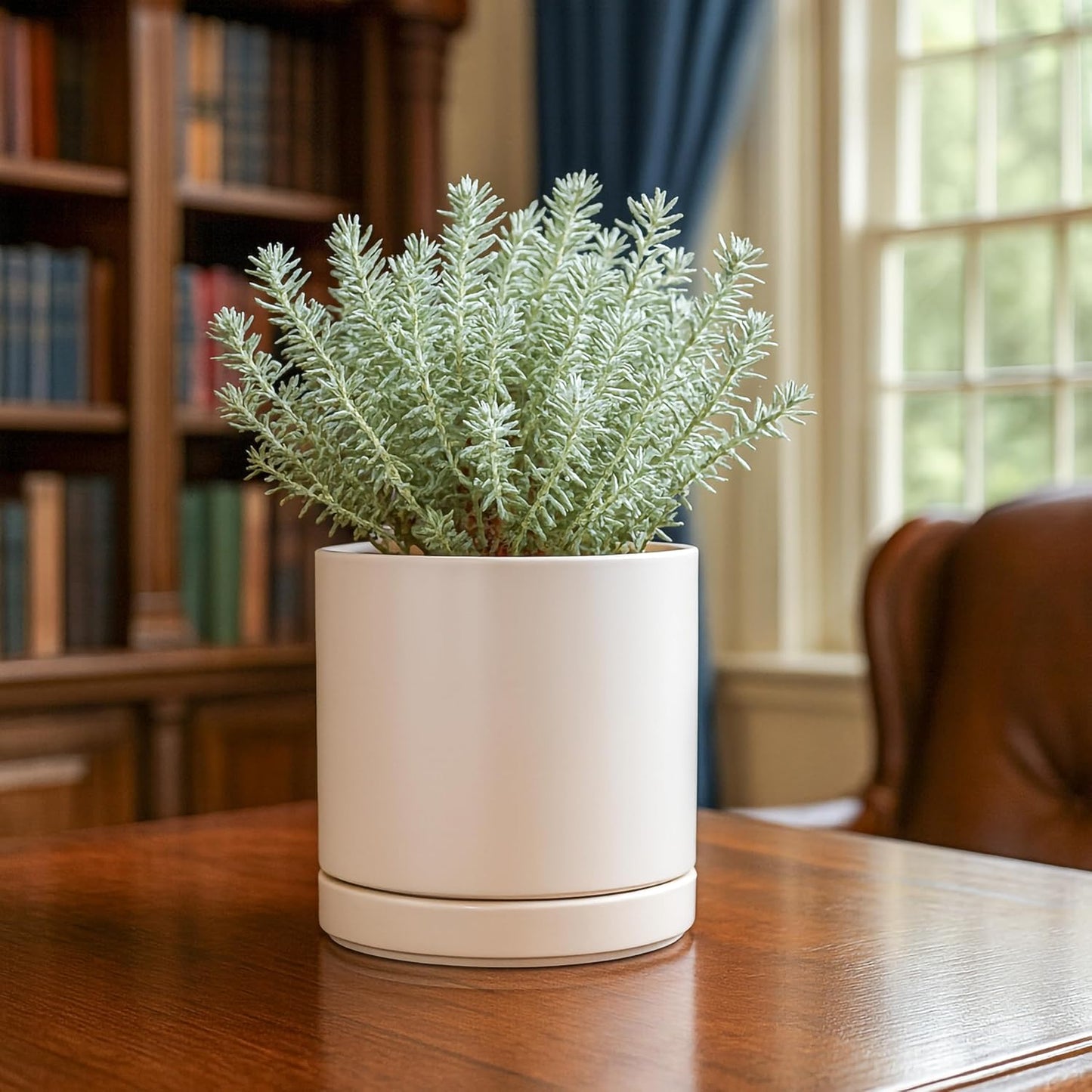 D'vine Dev 6.5 Inch Ceramic Planter Pot with Drainage Hole and Saucer, Indoor Cylinder Round Planter Pot, Oatmeal, 94-O-C-8