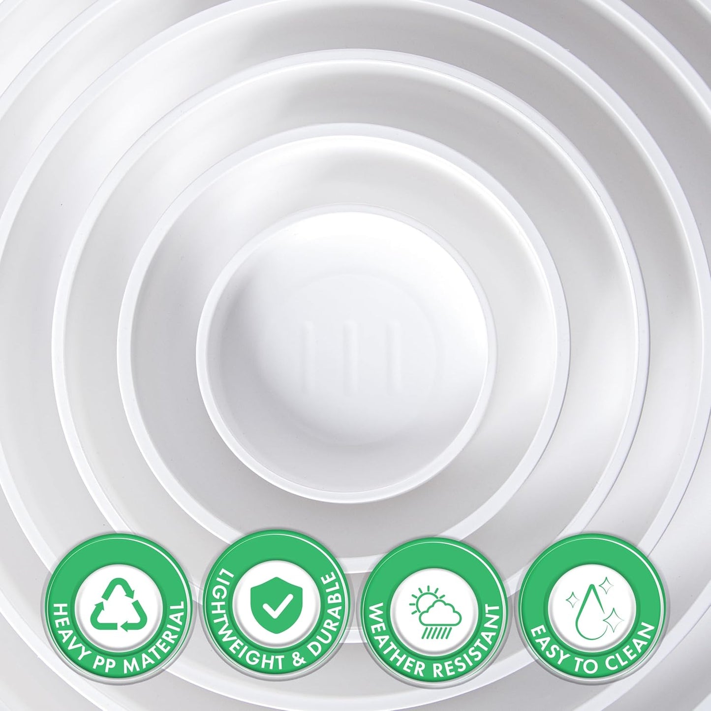 Phoenix Vine 6 Inch Plastic Plant Saucer Water Drip Tray, Heavy Sturdy Round Plant Drainage Tray for Indoors Outdoor, Set of 4, Matte White, 21-TY-6W-4