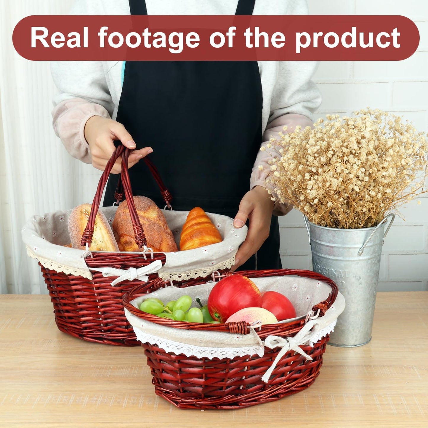 2 Pack Brown Wicker Basket with Linen Lining, 14 & 12 Inch Wicker Woven Picnic Basket with Handle for Picnic, Camping, Outdoor Party