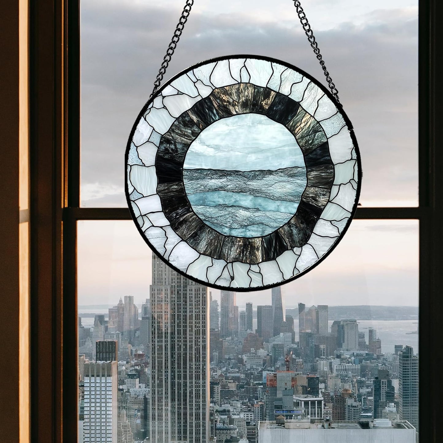 Stained Glass Window Hanging - Abstract Sea Surface Suncatcher for Doors Garden Patio Round Sun Catchers Decor Christmas Mother's Day Birthday Gifts for Women Men Mom Nana Friend 11.8 in