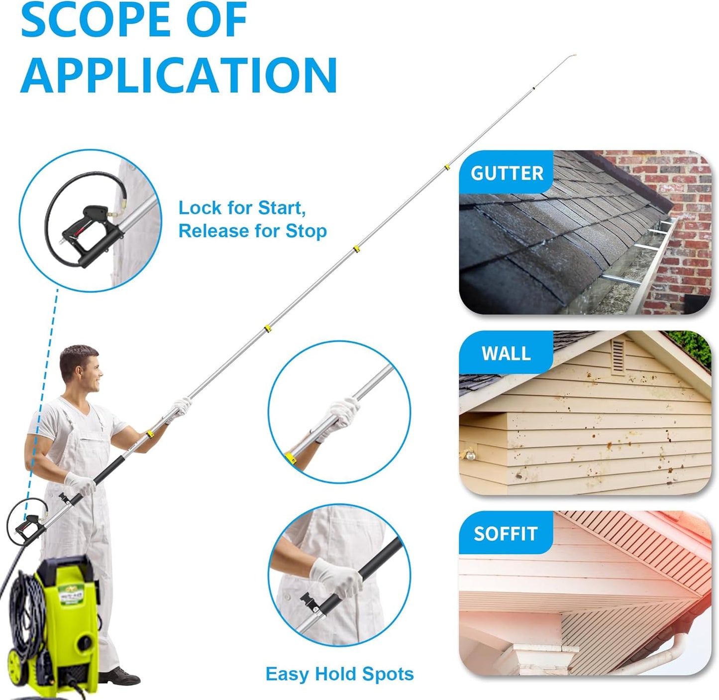 24 FT Telescoping Pressure Washer Wand Extension, Aluminum Power Washer Extension Wand with 7 Nozzle Tips, 3 Adapters & Support Harness, Gutter Cleaning Tools for 2 Story House