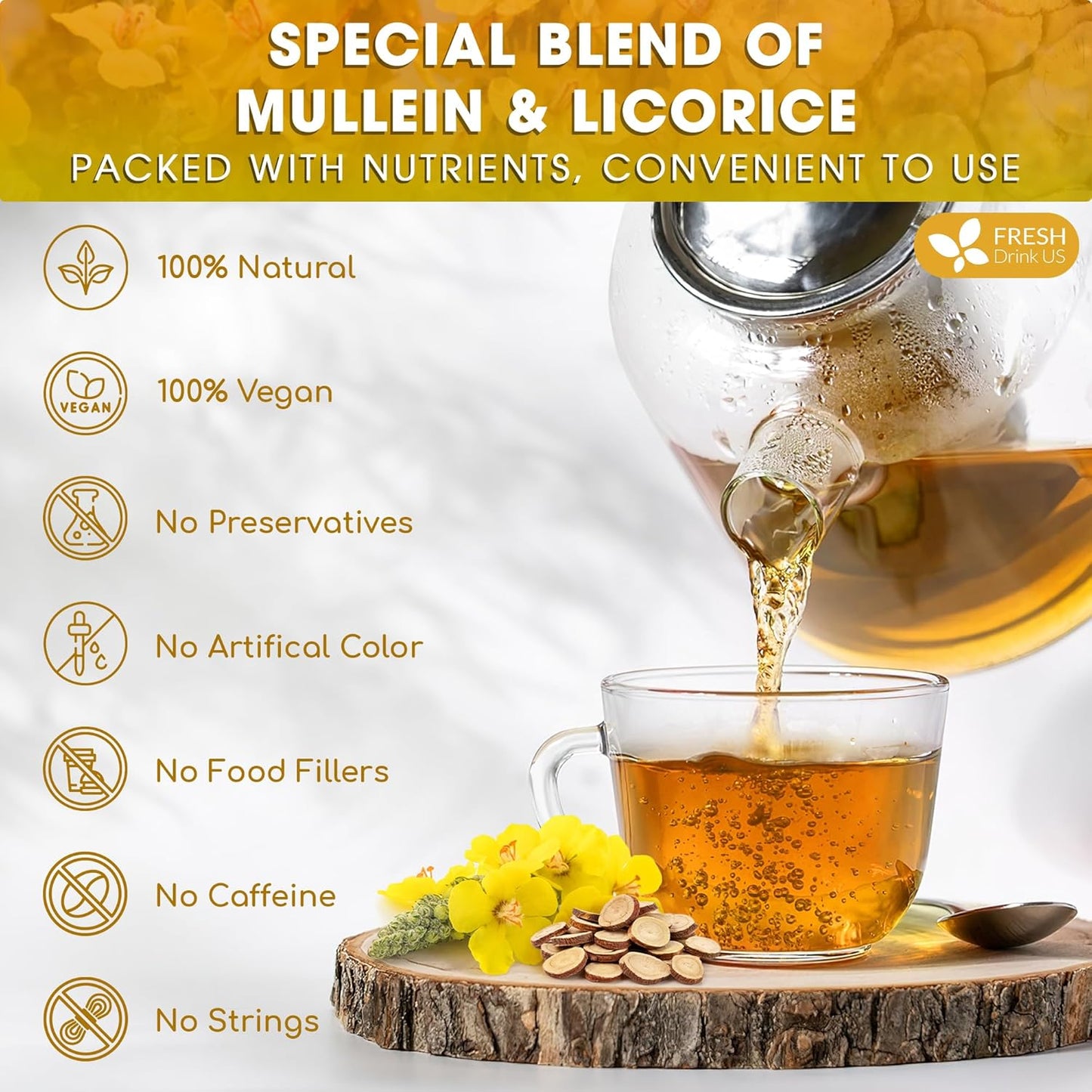FreshDrinkUS, Premium 55 Mullein Licorice Tea Bags, 100% Natural, Blend of Mullein Leaves, and Licorice Root. Made with Natural Material Tea Bags. No Sugar, Vegan.