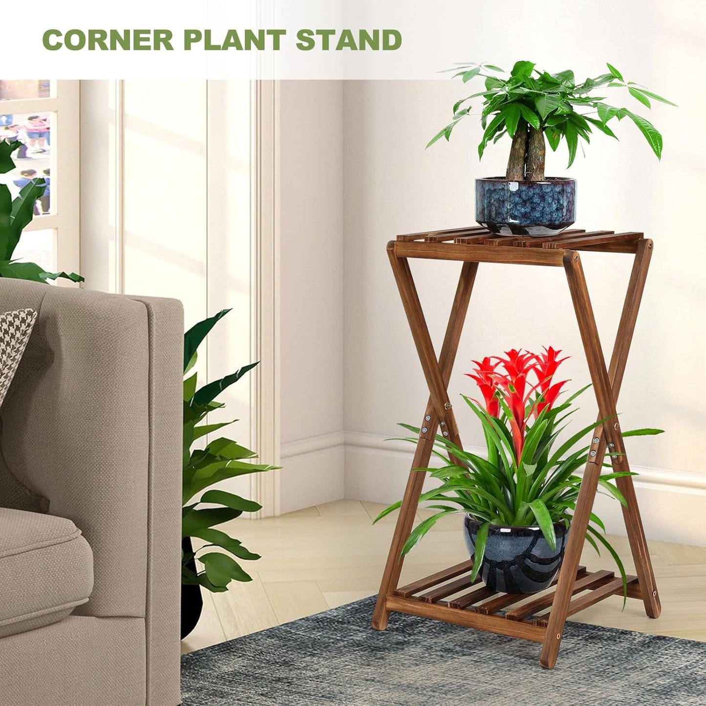 Plant Stand Indoor,Wooden 2 Tier Plant Stands,Corner Square Plant Shelf,Rustic Flower Stand Tall Plant Holder for Living Room Bedroom Balcony Office