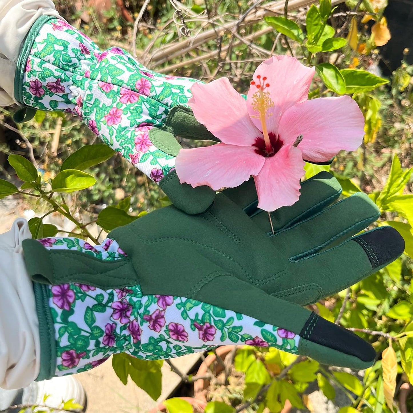 Gardening Gloves for Women, Garden Gloves with Touch Screen, Thorn Proof Puncture Resistant Working Gloves, Gardening Gifts for Women (Green with purple flowers, Medium)