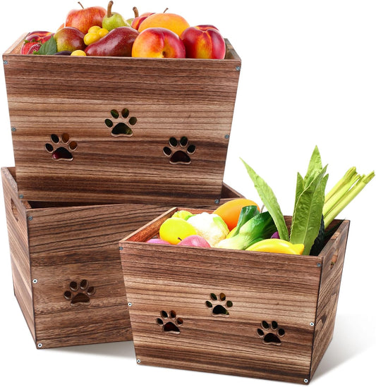 3 Pack Rustic Wooden Crates Hollow Claw Wooden Storage Boxes with Handles Dog Toy Box Large Handmade Farmhouse Decorative Wood Crate for Display