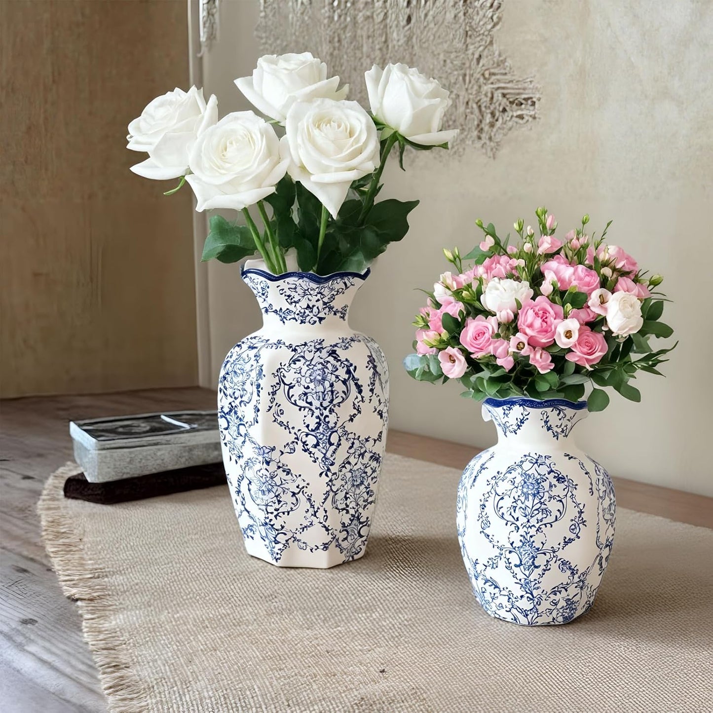 Chinoiserie Vase,Blue and White Vase,Vintage Ceramic Vases,Flower Vase for Centerpiece,Chinese Cute Vases for Living Room, Office,Home Decor (Blue White, Small)