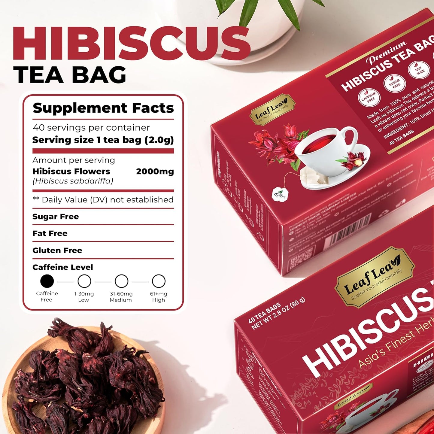 LeafLea 40 Premium Natural Hibiscus Tea Bags, 100% Pure from Hibiscus Flowers, Caffeine-Free Herbal Tea, Hibiscus Flower Tea Rich in Natural Goodness and Flavor, No Sugar, Gluten-Free, Vegan