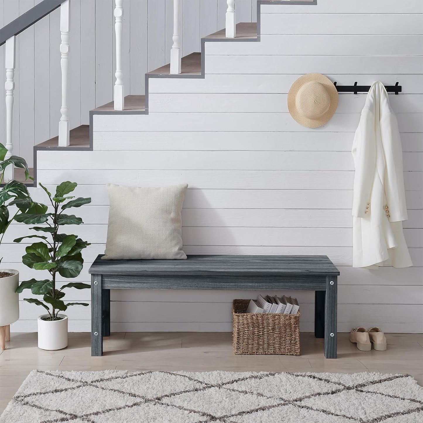 Psilvam 2-Person Outdoor Poly Lumber Patio Backless Bench, Fade-Resistant & Odor-Free Poly Lumber Patio Furniture, Weatherproof, Suitable for Garden, Porch and Park, 700 Lbs Support (1, Dark Grey)