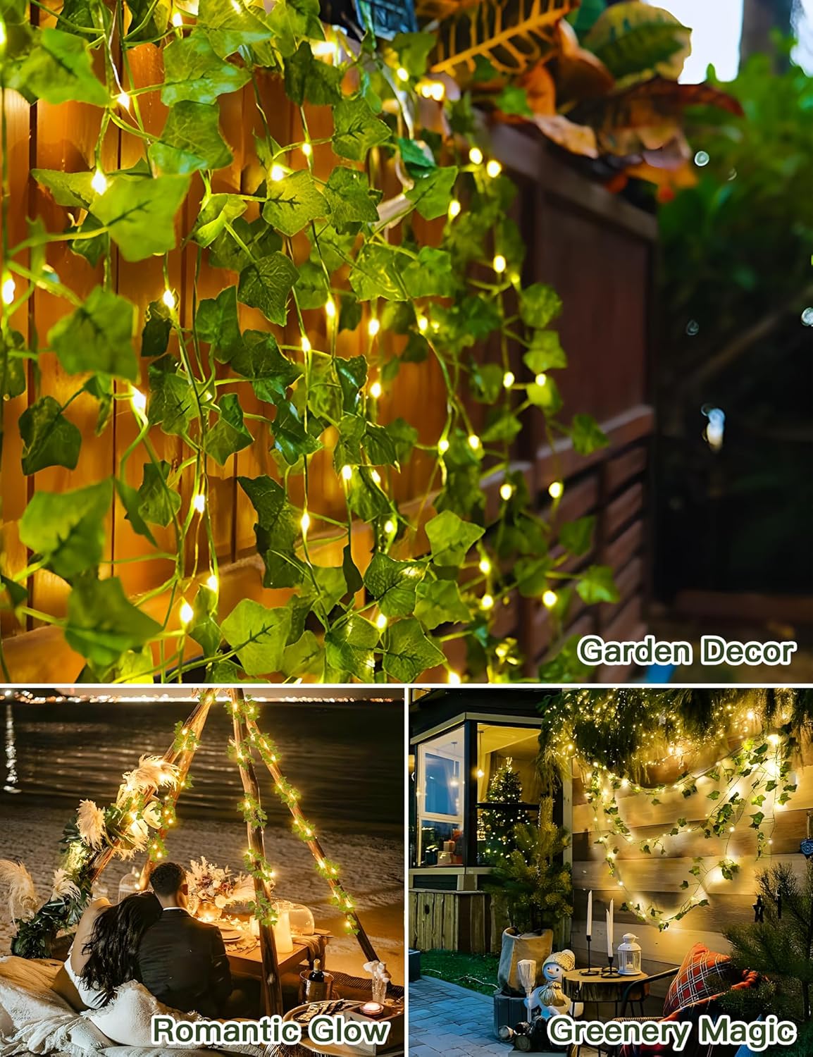 suddus Solar Fairy Lights with Vine, 33ft 100 Led Ivy Solar String Light Outdoor Waterproof, 8 Modes Leaf Lights for Balcony, Yard, Patio, Garden, Fence (Warm White)