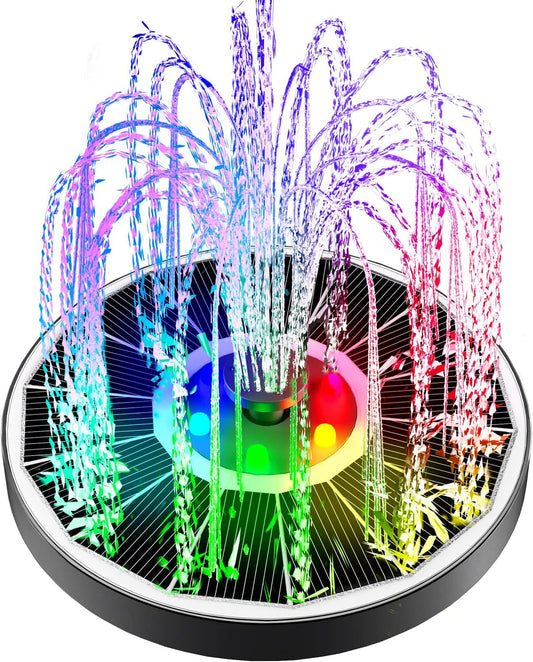 Solar Fountain Glass Panel with 2200 mah Battery, 3.5W Floating Solar Water Fountain with 4 Fixed Rods, Solar Pump for Bird Bath, Garden, Pond, Pool, Outdoor-Colorful Lights