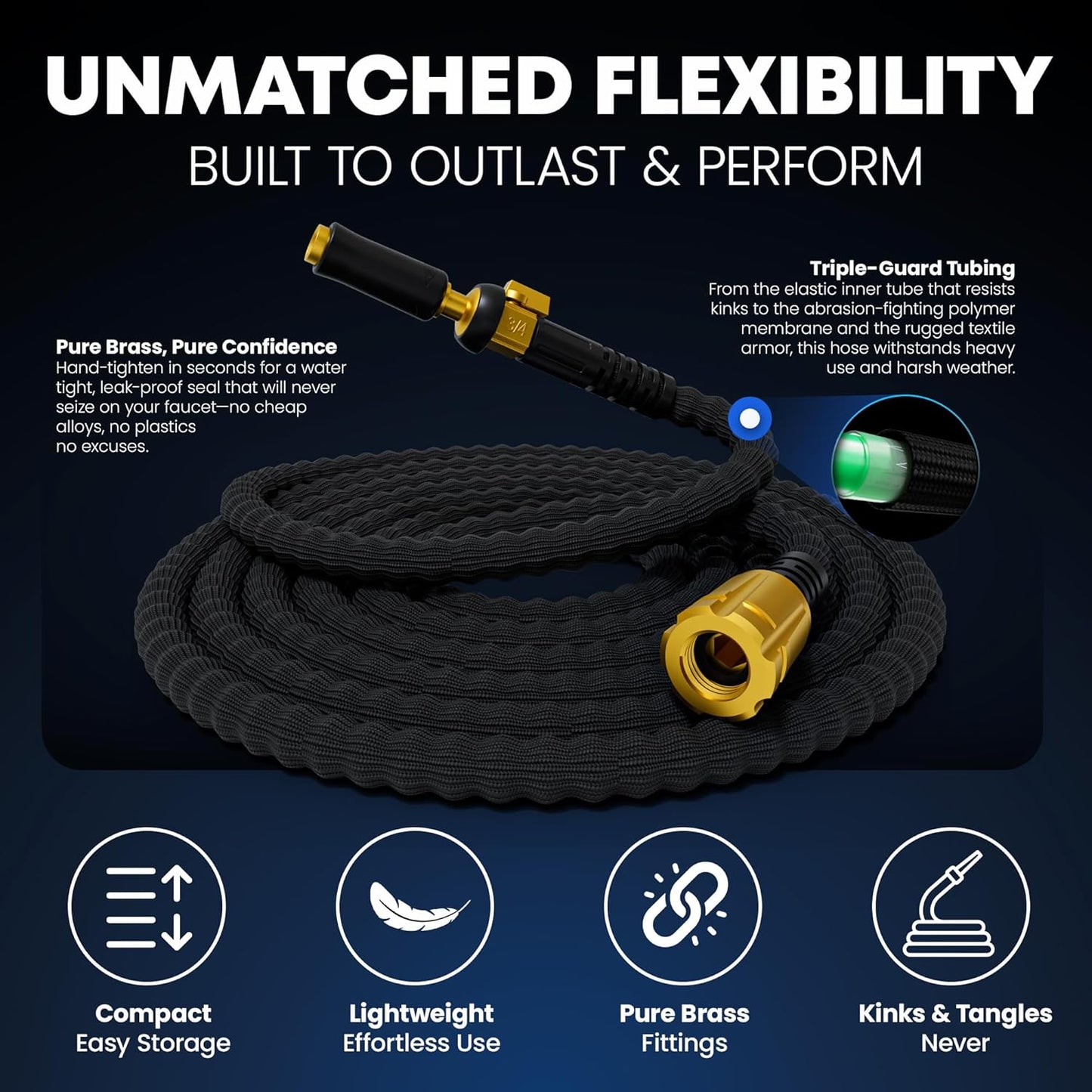 TITAN Flexible Garden Hose 25FT – Ultra Lightweight, Heavy Duty Water Hose with Brass Fittings & Jet Nozzle – Kink-Free, Non-Expanding, Durable Fabric Hose for Yard, Lawn, Car Wash, Outdoor Use