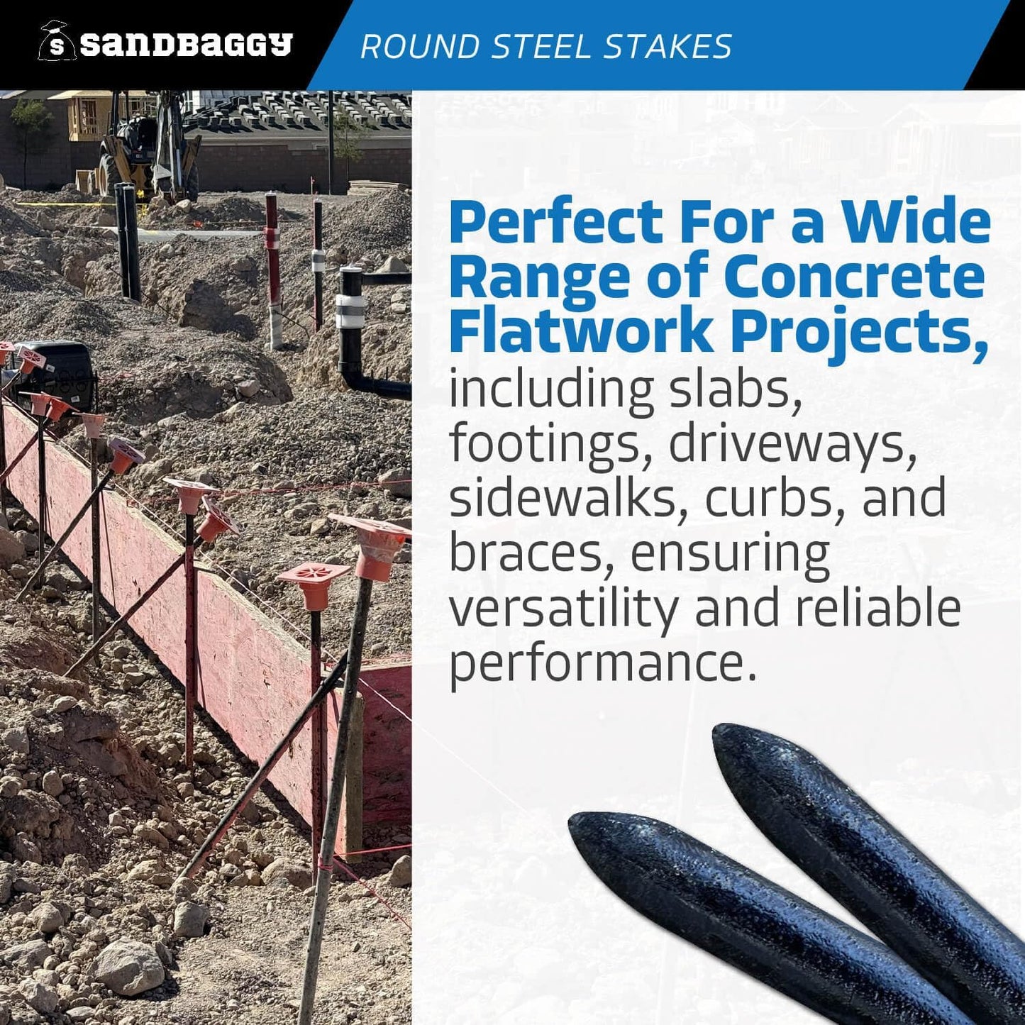 Sandbaggy Round Steel Concrete Form Stakes with Nail Holes - Rust Resistant Coating - Removable, Reusable (400, 3/4 in X 36 in)