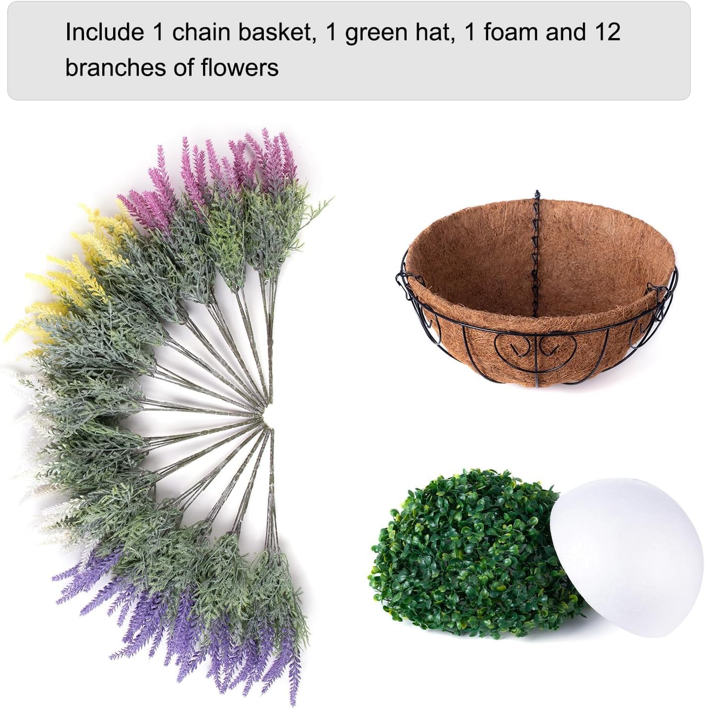 Artificial Fake Fall Hanging Flowers Plants Basket for Outdoor Outside Summer Decor, Faux Mixed Colorful Lavender in Coconut Lining Planter Look Real UV Resistant for Home Patio Porch Balcony Yard