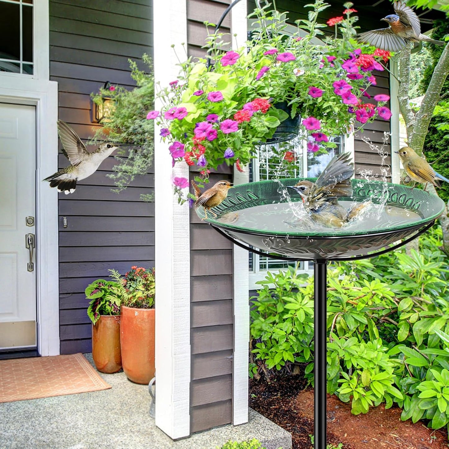 Metal Bird Bath for Outside, Detachable Birdbath & Birdfeeder with Base Stake, Vintage Bird Baths Feeder Bowl for Outdoors Garden Yard Lawn Decor (Vintage Green)