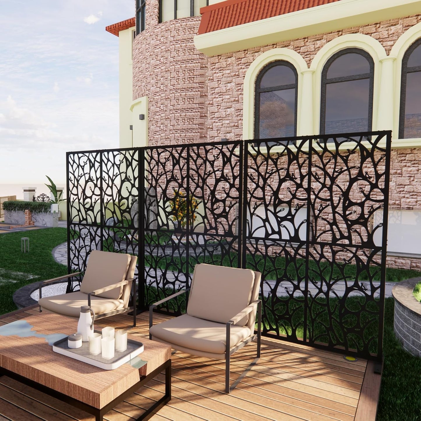 Metal Privacy Screen Outdoor W3.8Ft x H 6Ft Patio Privacy Panels Free Standing Divider Decorative for Balcony Garden Room Lawn Deck (1, Black Bird)