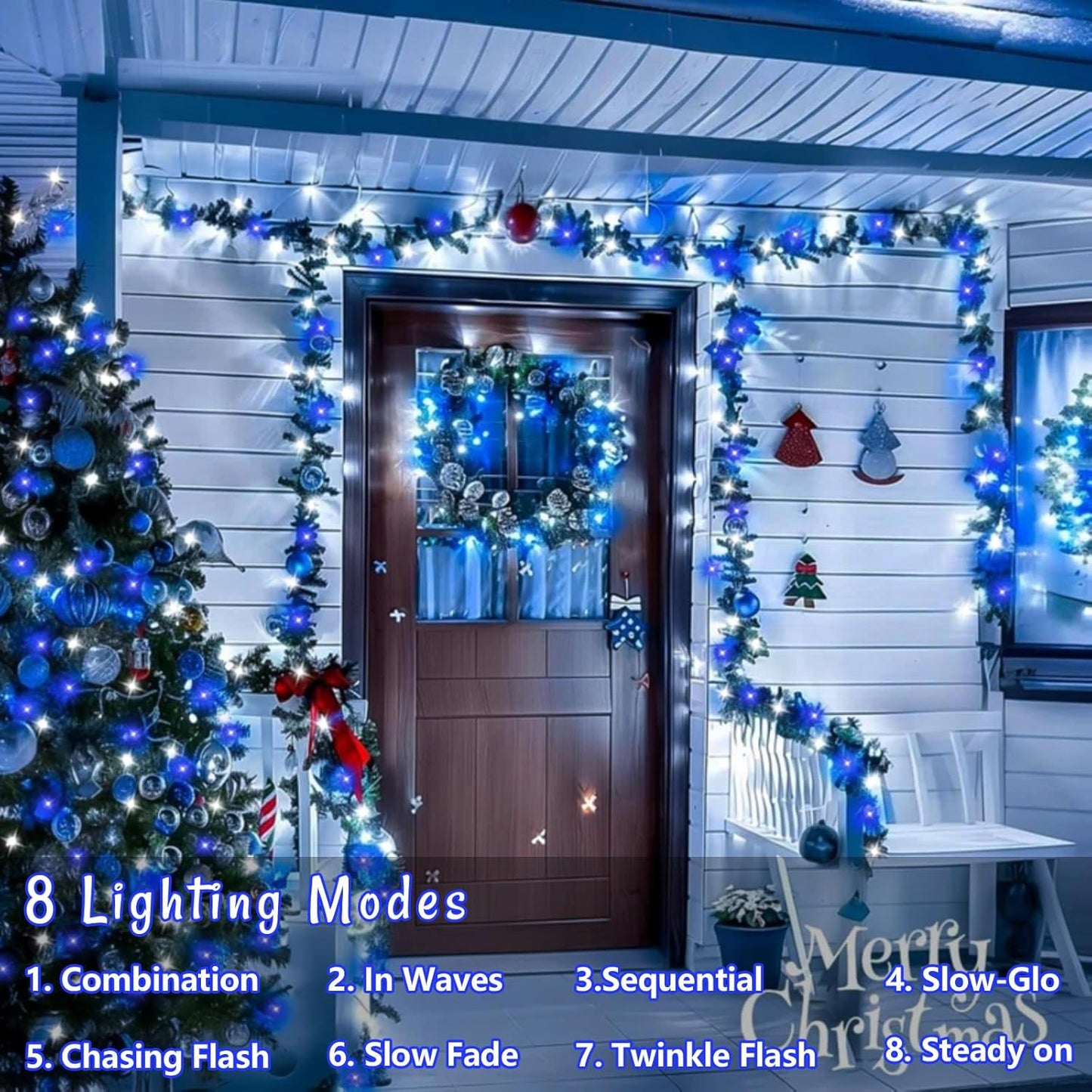 QITONG 4 Pack Blue and White Solar Fairy Lights, Each 33ft 100 LED Christmas String Light, 8 Modes Silver Wire Mini Twinkle Lighting for Tree Garden Yard Christmas