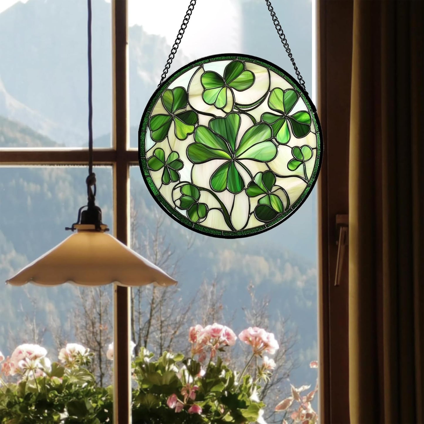 Stained Glass Window Hanging - Green Clover Flowers Suncatcher for Doors Garden St. Patrick's Day Plant Floral Sun Catchers Decor Mother's Day Birthday Gifts for Women Men Mom Nana 11.8 in