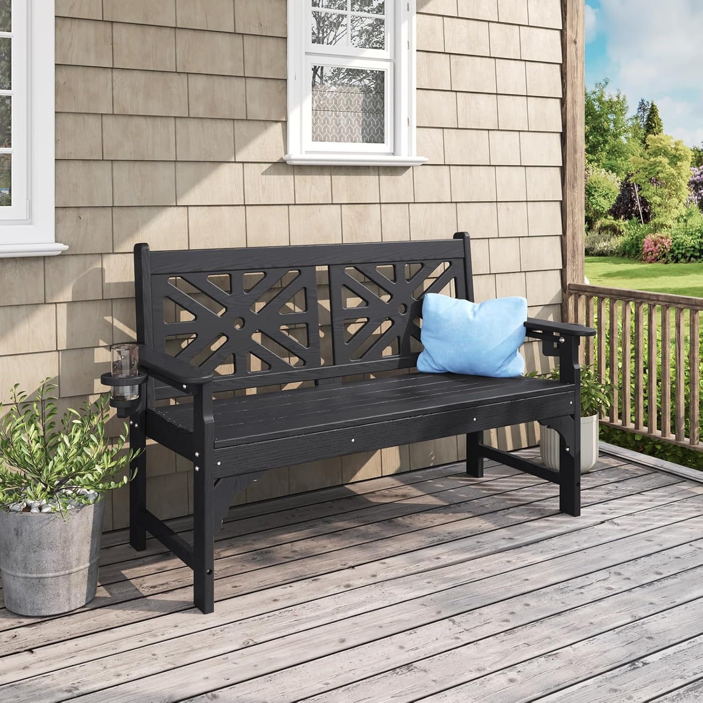 Oversized Outdoor Bench with Cup Holders, 51.5” HDPE Aesthetic Garden Bench for 2 Person, Memorial Benches - Easy Assembly & All Weather, for Porch & Patio, 800lbs Load Capacity (Black, 1pc)