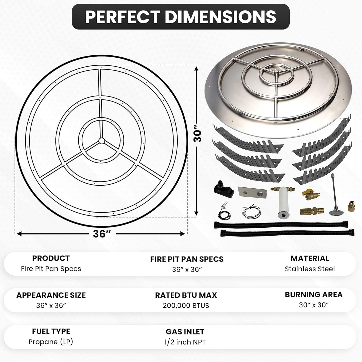 Stainless Steel Fire Pit Burner Pan & Ring Pro Kit for Liquid Propane, 36-Inch Pan, 30-Inch Ring, 200,000 BTU Max