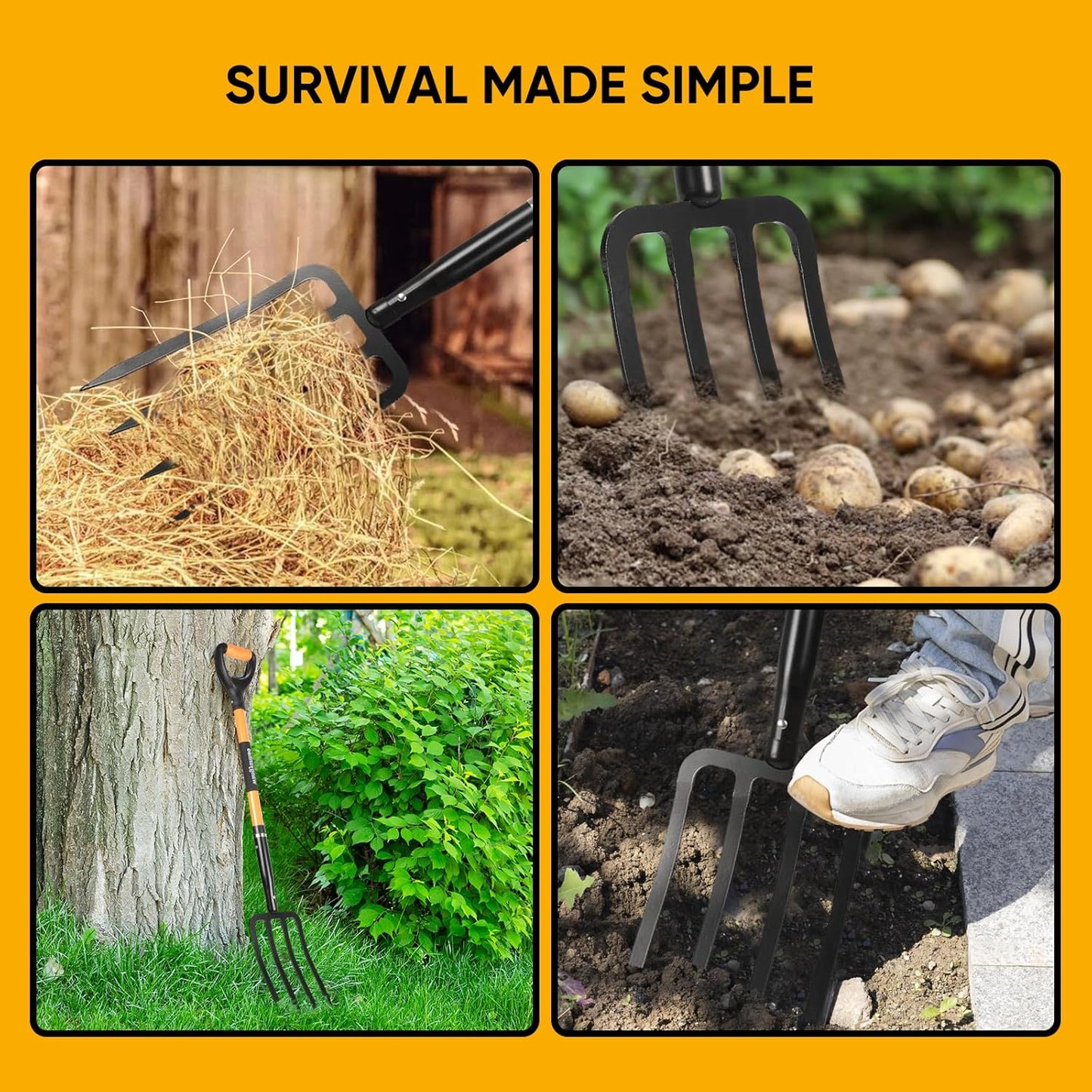 Garden Fork with Ergonomic Handle, Fiberglass Handle，4-Tine Pitchforks for Gardening Digging Composting Spading.