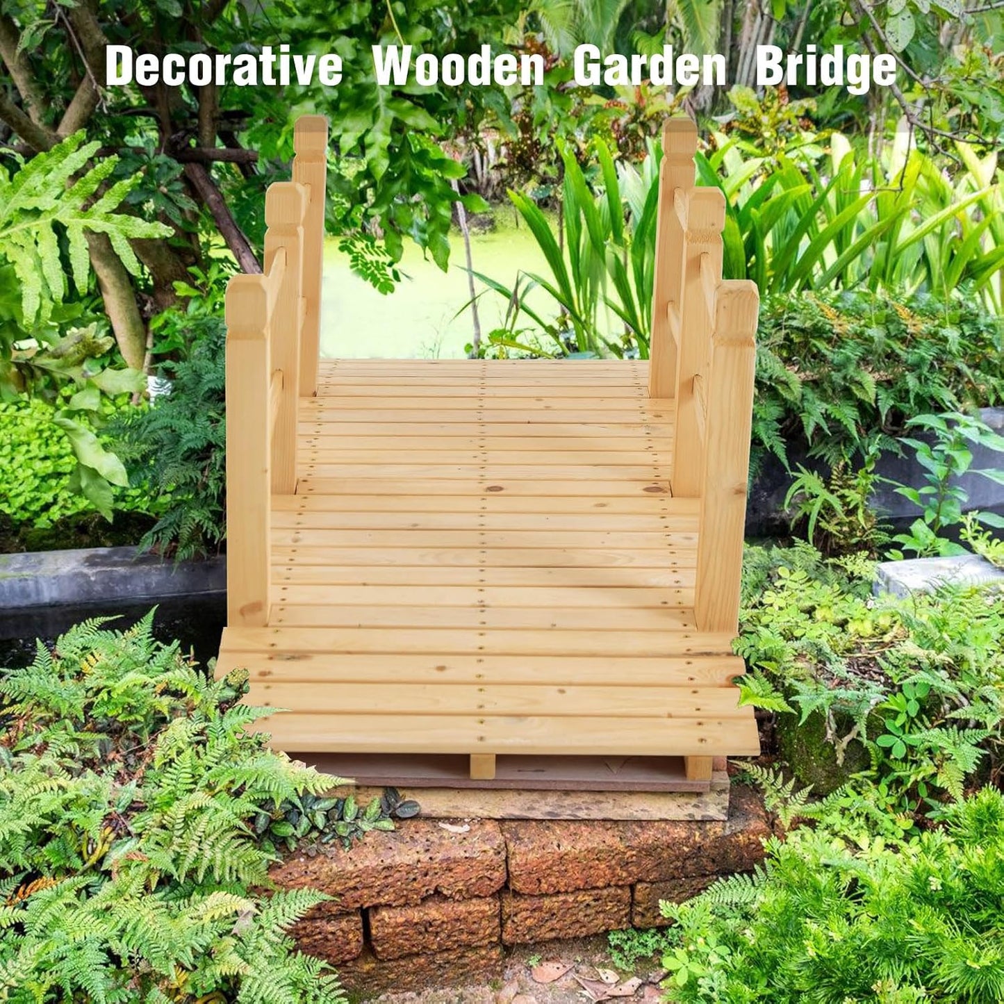 Giantex 5 ft Garden Bridge - Natural Wood Arc Footbridge Walkway with Side Railings, Decorative Wooden Bridge Landscaping for Backyard Farm Garden Creek Pond Decor, Easy to Assemble (Natural)