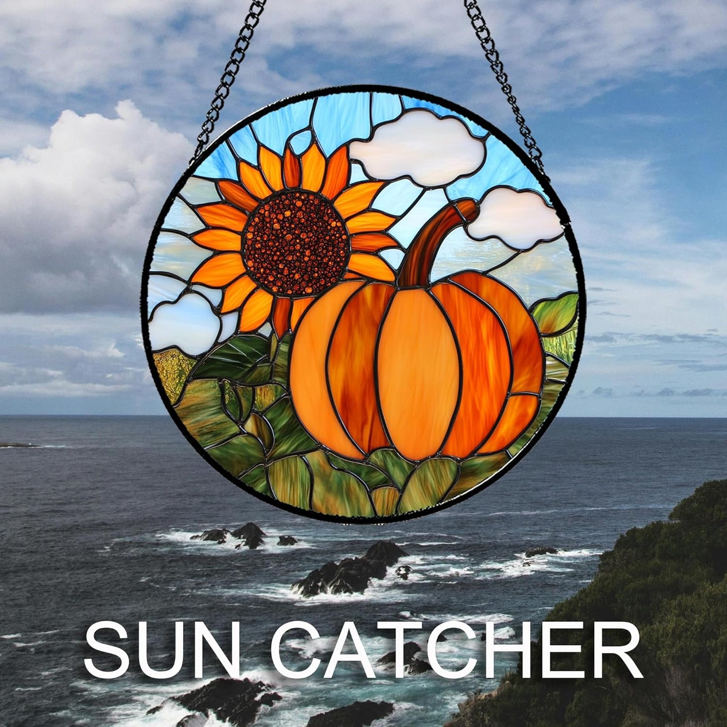 Stained Glass Window Hanging Fall Farm Scenery Sunflower Pumpkin 6.3" - Suncatcher Door Garden Kitchen Sunroom Sun Catcher Home Decor Birthday for Mom Grandma Men Woman