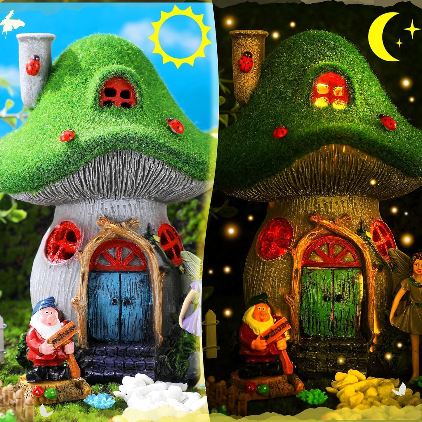 Suzile 50 Pcs Solar Fairy House Garden Accessories Light up Flocked Fairy House Garden Kit Green Resin Miniature Mushroom Figures Micro Landscape Ornament(Mushroom House)