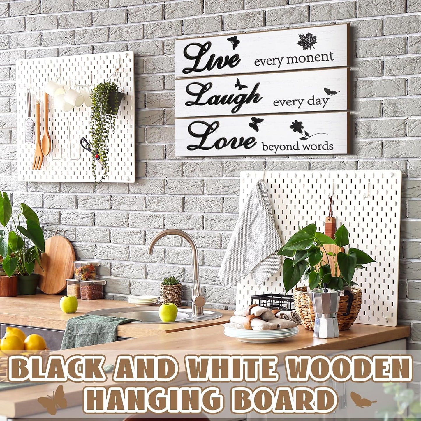 Jetec 3 Pieces Rustic Wood Sign Wall Decor Live Love Blessed Family and Love Quote Sign Farmhouse Wall Mount Decoration for Home Kitchen Living Room, 12 x 3 x 0.2 Inch(White, Black,Classic)
