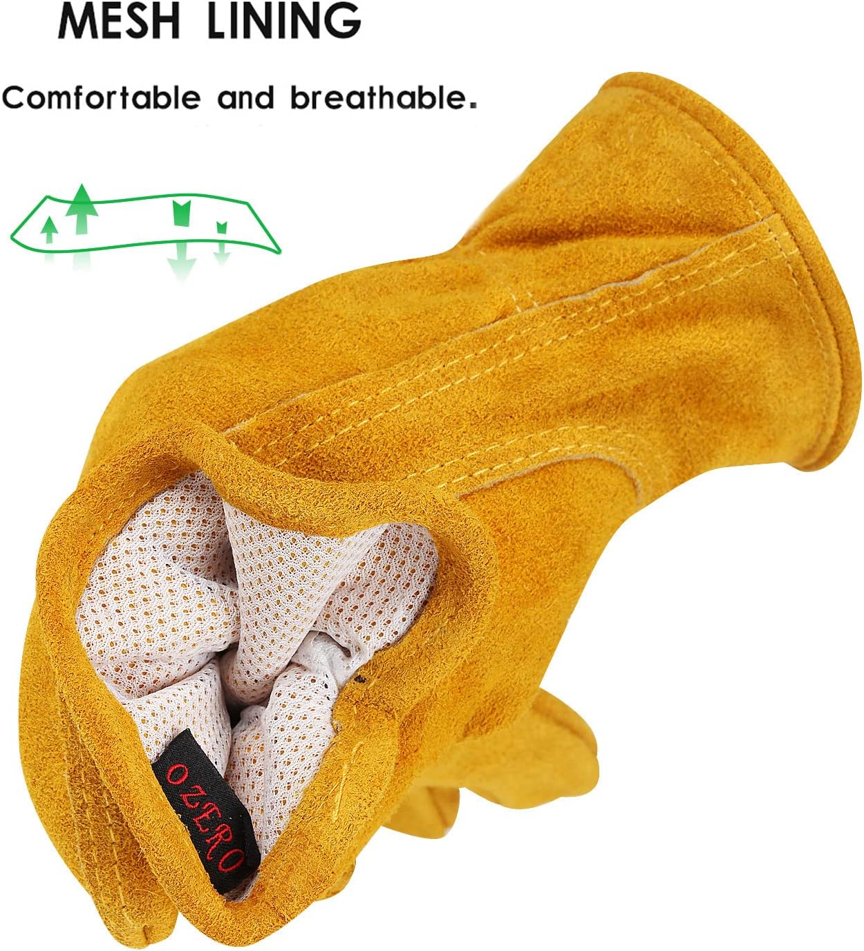OZERO Leather Work Gloves Flex Grip Tough Cowhide Gardening Glove for Men and Women (Large, Gold With Mesh Linning)