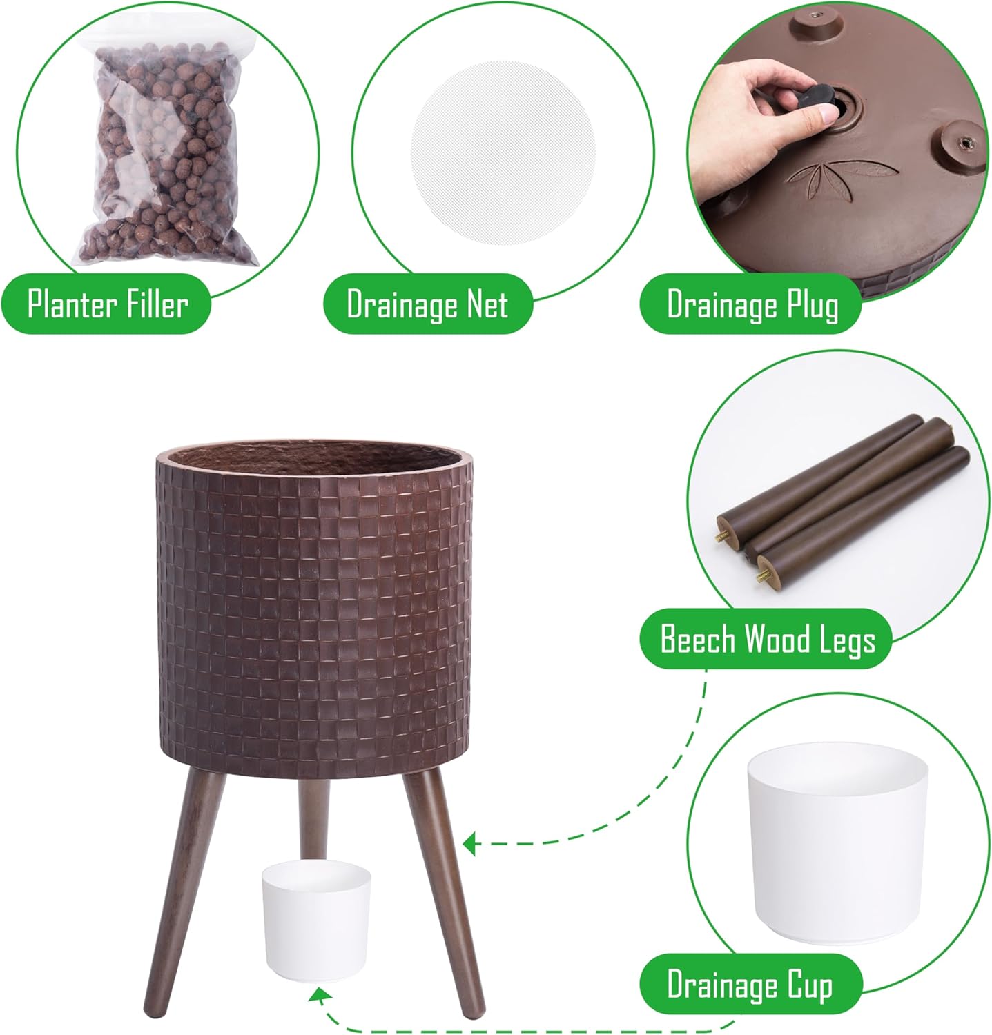 D'vine Dev 12 Inch Modern Geometric Tile Patterned Sleek Planter Pot with Stand, Indoor Outdoor Decorative Plant Holder, Espresso, 88-Z-C-6