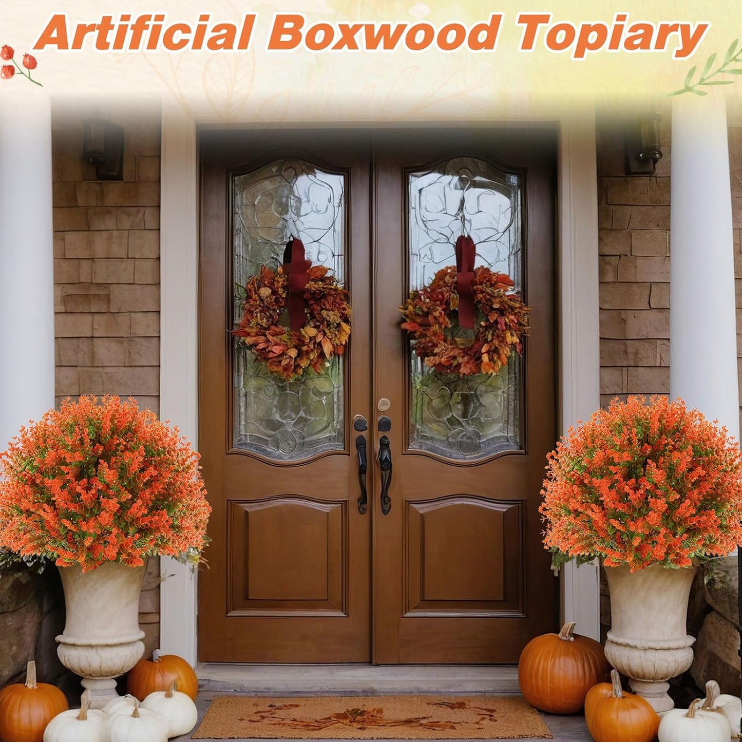 Yunlly 6 Pcs 18 Inch Fall Artificial Boxwood Ball Topiary Tree Outdoor Plants Bush, UV Resistance Faux Shrub with Spike Fall Porch Decor for Indoor Garden Yard Porch Patio Decor (Orange)