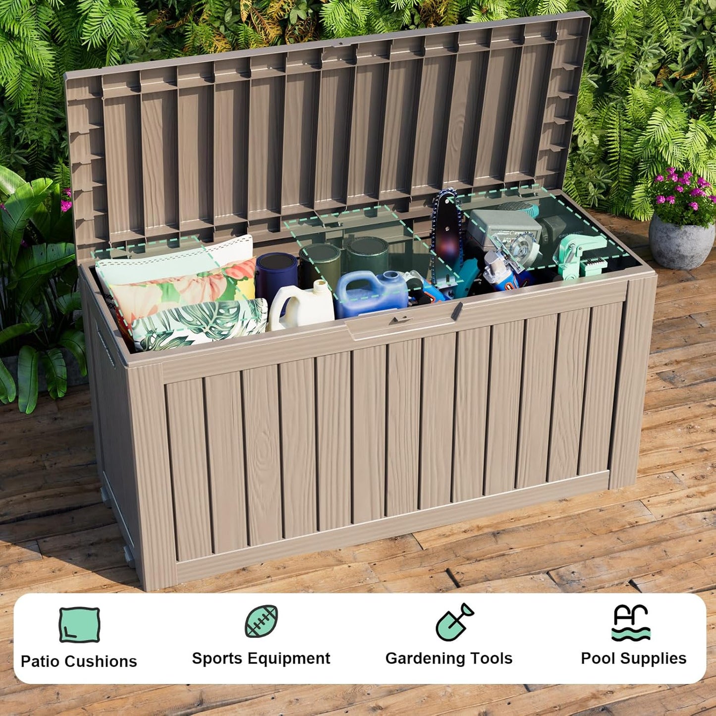 76 Gallon Outdoor Deck Box,Storage Lockable Waterproof Patio Furniture,Garden Tools,Cushions,Pool Accessories Outside Storage Resin Box(Grey)
