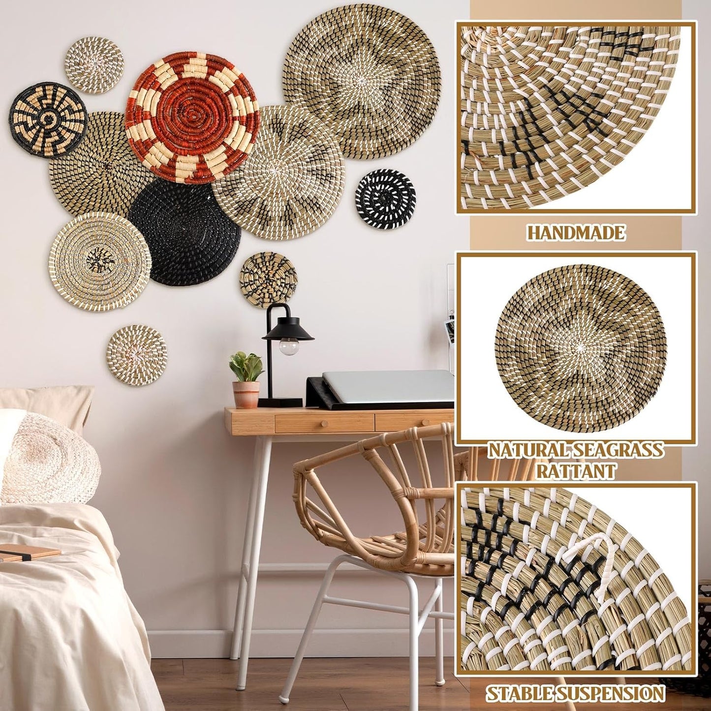 Tatuo 11 Pcs Boho Wall Basket Decor Decorative Bulrush Woven Basket Wall Decor Art Round Farmhouse Hanging Baskets for Kitchen Rustic Home Summer Decorations, Multi Sizes (Dark)