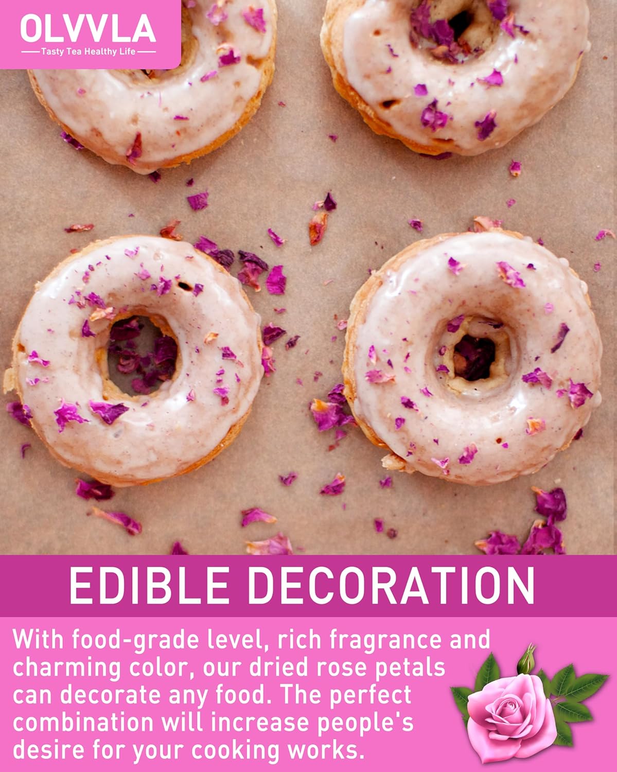 Olvvla - Dried Rose Petals - 0.91oz/26g - Premium Food Grade Dried Roses Edible Flowers - Perfect for Edible Rose Petal Tea, Decorations, Baking, Making Rose Water