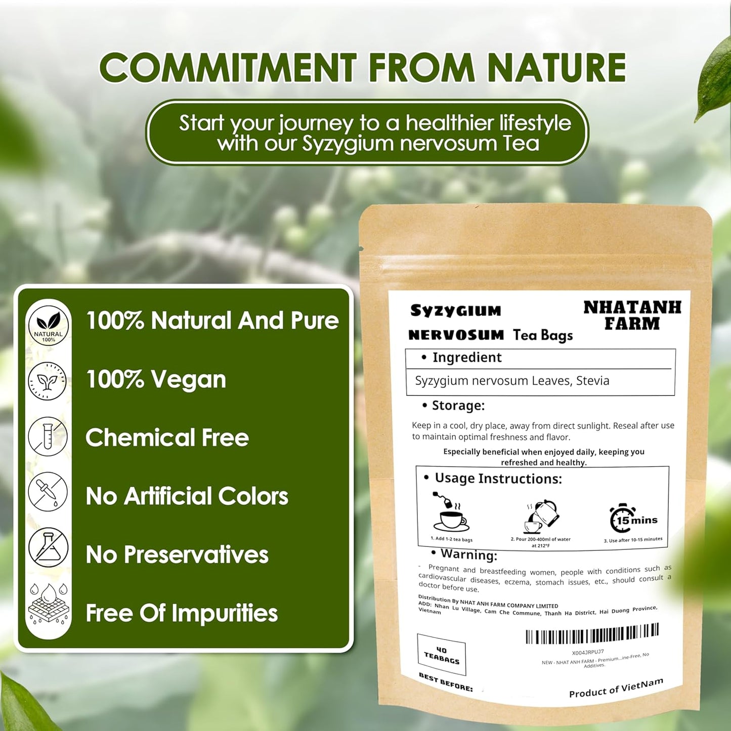 NHAT ANH FARM - Premium Syzygium Nervosum Tea Bags, 40 Syzygium Nervosum Tea Bags, 100% Natural Dried Syzygium Nervosum Leaves, Naturally Sweet Herbal Tea, Sugar-Free, Caffeine-Free, No Additives.