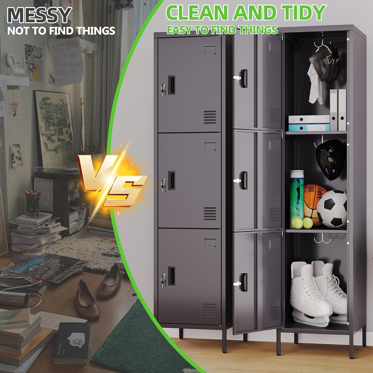 Metal Locker with Hooks and Ventilation Holes,Metal Storage Locker with Keys and Business Card Slot for Home,Gym,Garage,School,Office,66" H×15.75" W× 15.75" D,Assembly Required,Dark Grey